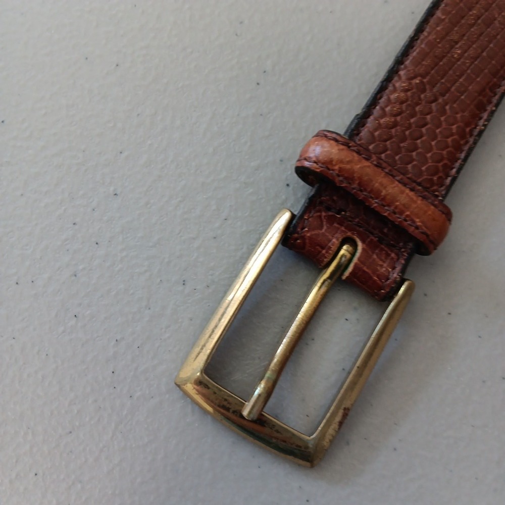 VTG Reptile Leather Belt Womens Size 38 Cognac Red Brass Square Buckle Old Money - Picture 3 of 12
